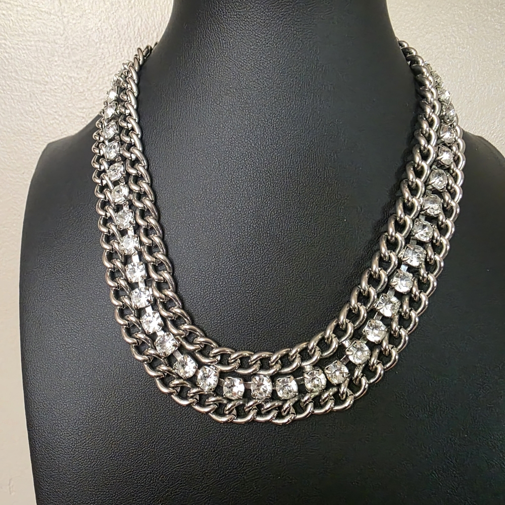 Heavy Silvertone Chain Necklace With Rhinestones. Could Be Unisex.